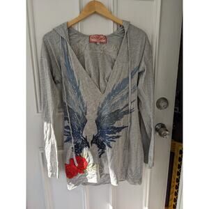 Johnny Was long sleeve with hood,' rock and roll' embroidery wings, roses cotton